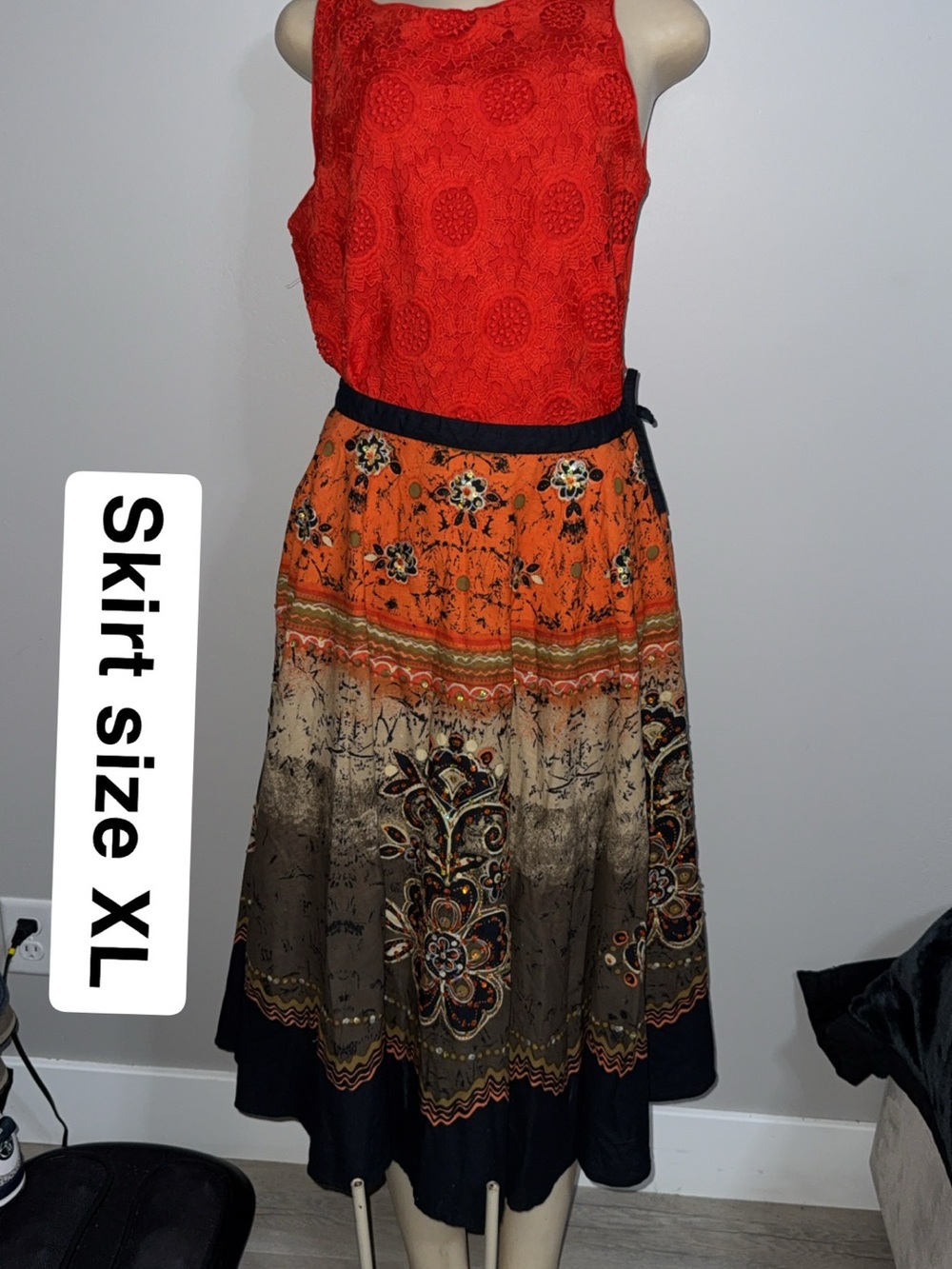 Women’s Orange Multi-Pattern Midi Skirt